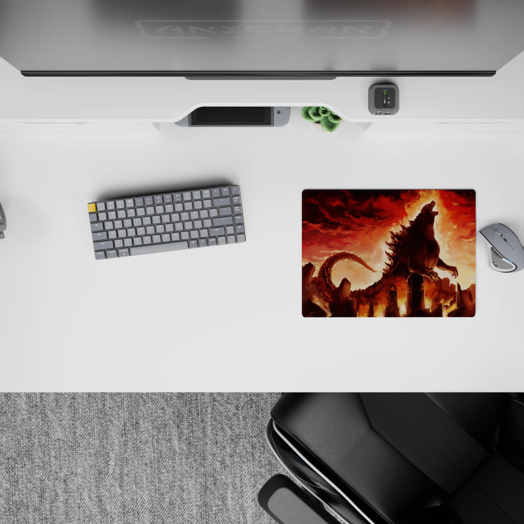 Classic anime mouse pad 14x10 inches in crimson and amber glow, smoky backlit chaos with intense cinematic heat.
