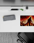 Classic anime mouse pad 14x10 inches in crimson and amber glow, smoky backlit chaos with intense cinematic heat.
