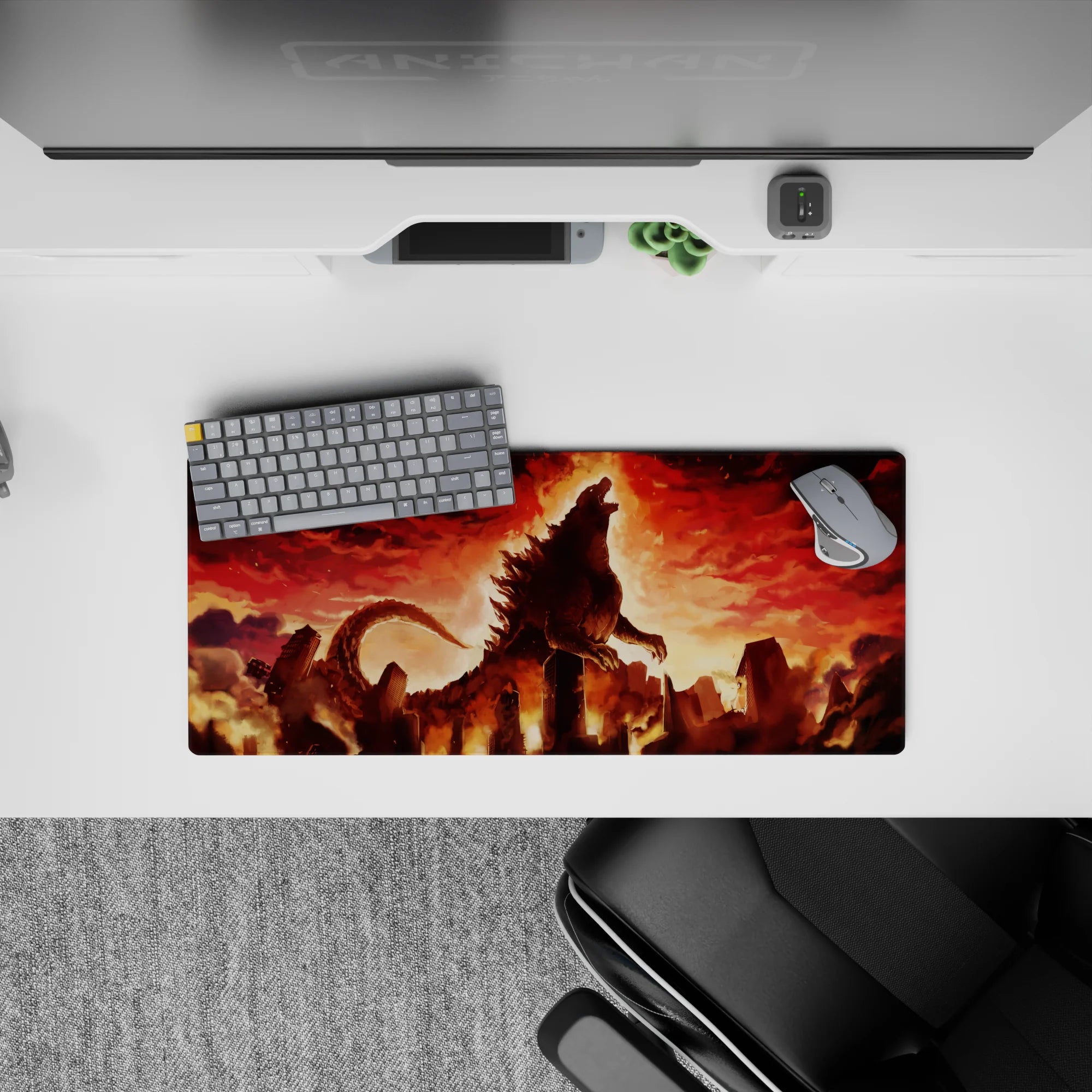 Crimson and amber burning-sky anime mouse pad 28x12 inches with glowing heat, embers, and grit.