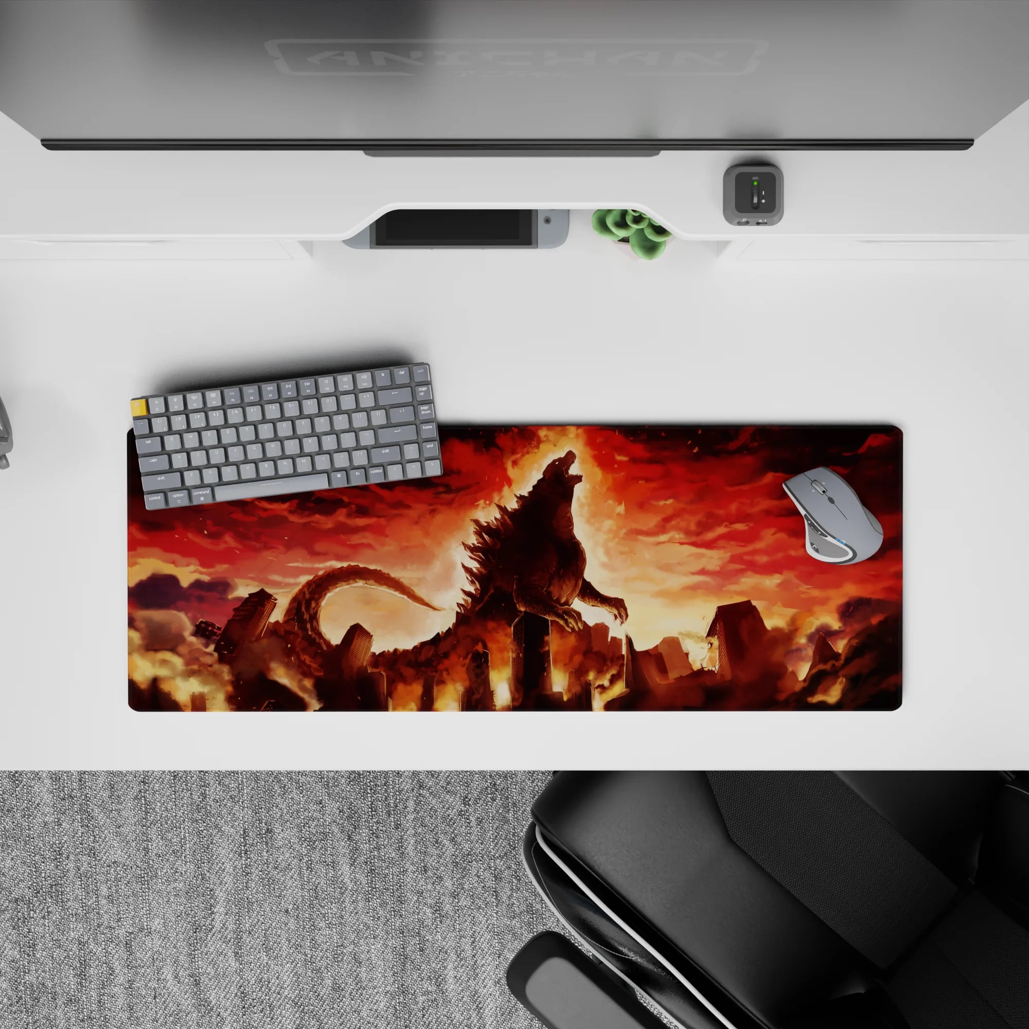 Crimson and amber burning-sky anime mouse pad 32x12 inches, cinematic heat vibe over gritty ruins.