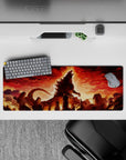 Crimson and amber burning-sky anime mouse pad 32x12 inches, cinematic heat vibe over gritty ruins.