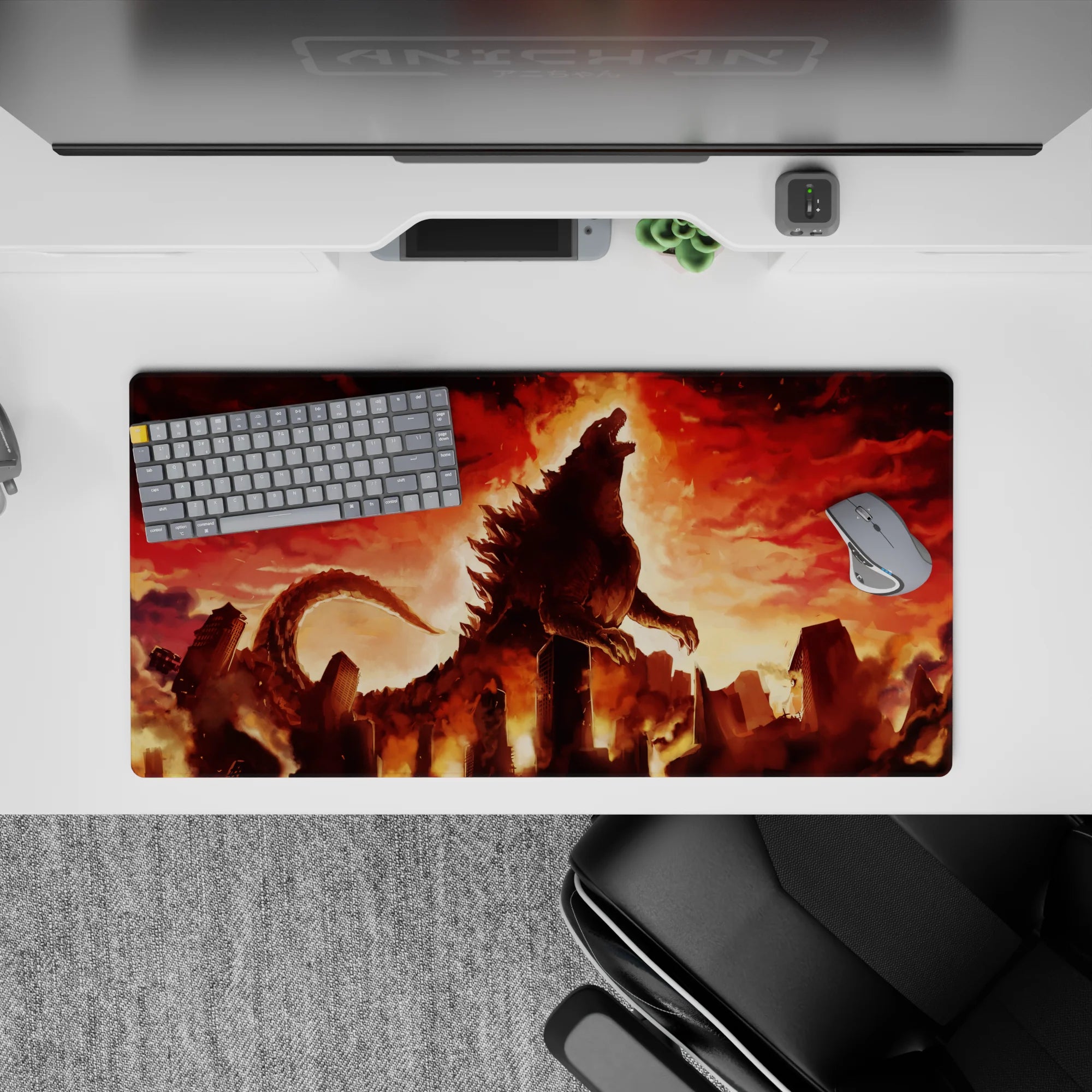Crimson and amber smoky embers anime mouse pad with glowing backlight mood, 32x16 inches.