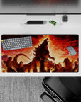 Crimson and amber smoky embers anime mouse pad with glowing backlight mood, 32x16 inches.