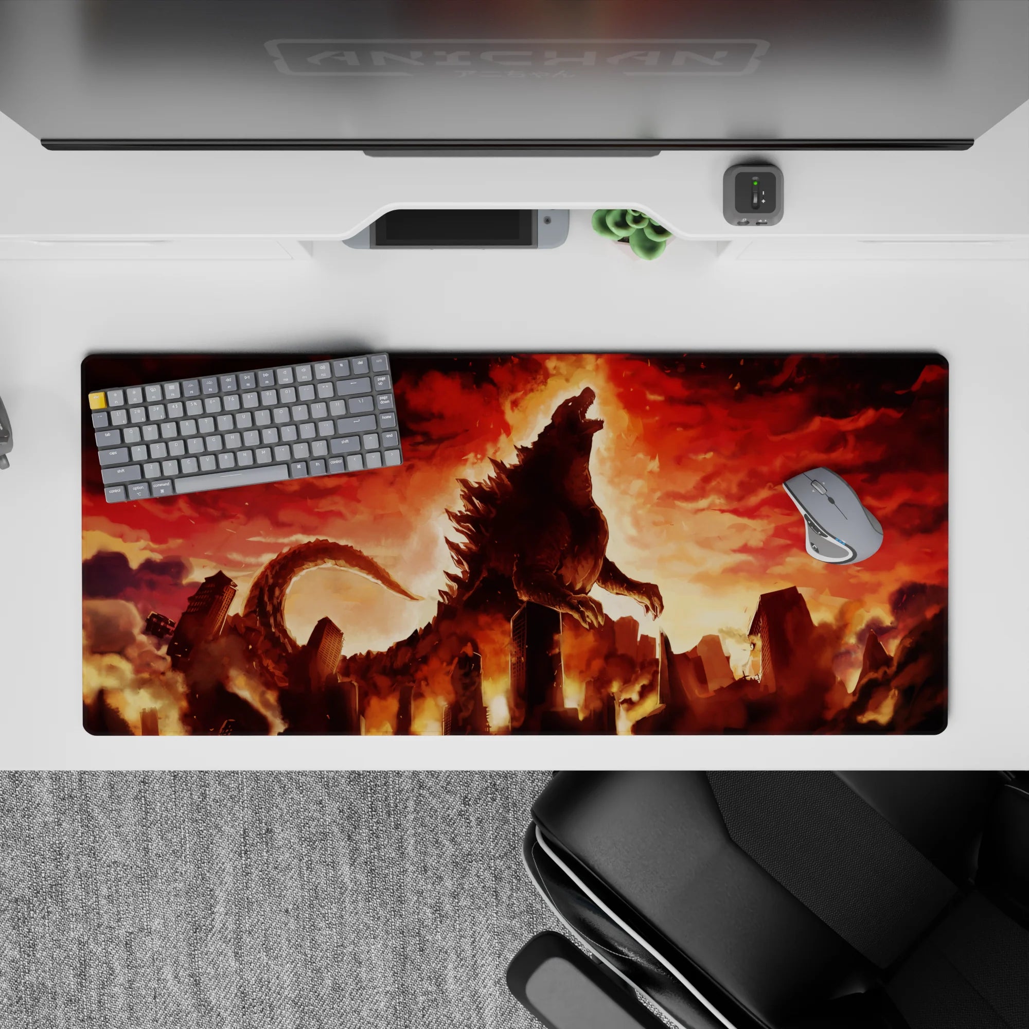 Crimson and amber burning sky anime desk pad 36x16 inches with embers, backlight glow, intense mood.