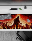 Crimson and amber burning sky anime desk pad 36x16 inches with embers, backlight glow, intense mood.