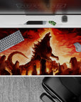 Anime desk pad 40x20 inches in crimson and amber glow, smoky rubble detail, intense cinematic mood.