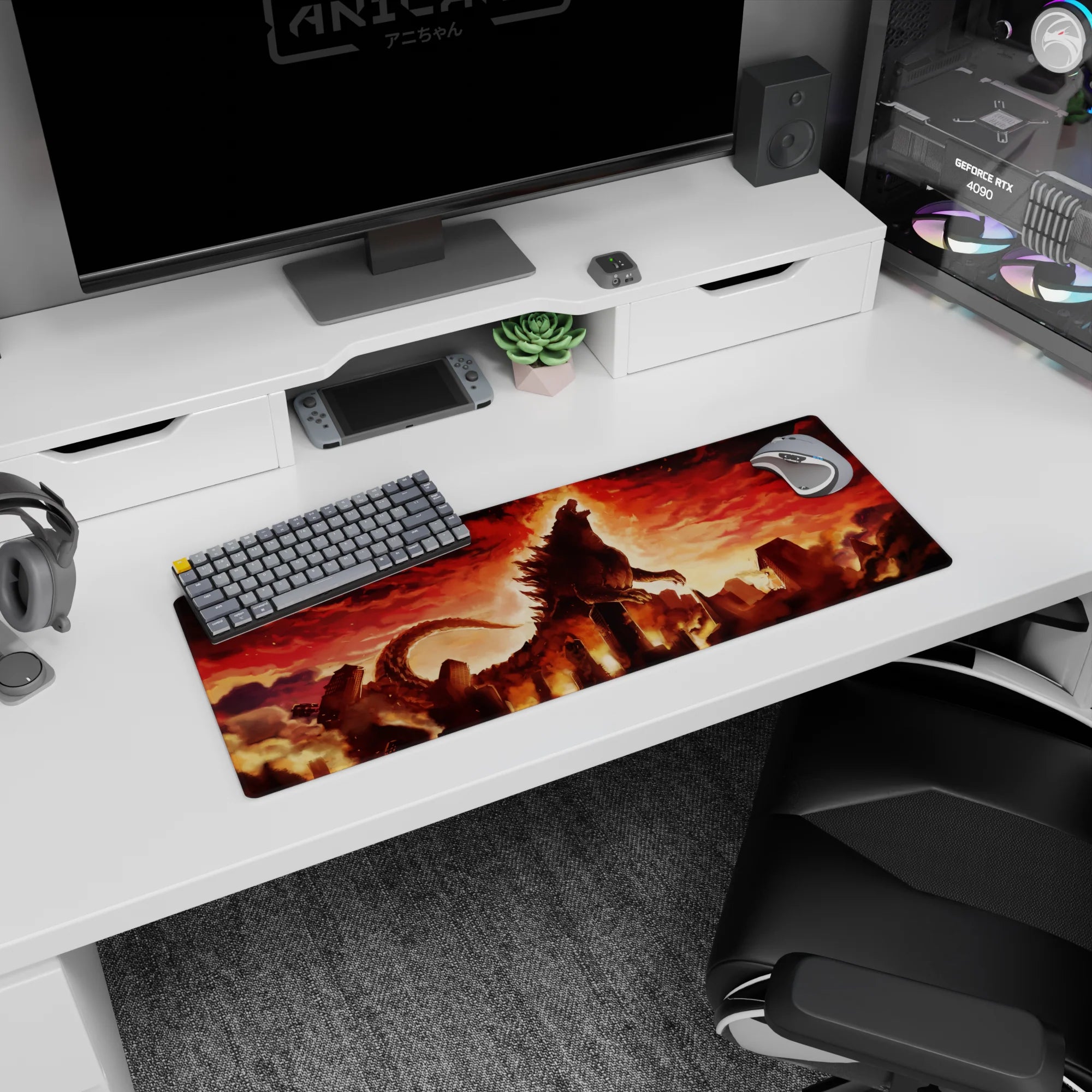 Towering kaiju over ruined city scene anime mouse pad 32x12 inches, curling tail through smoky rubble.