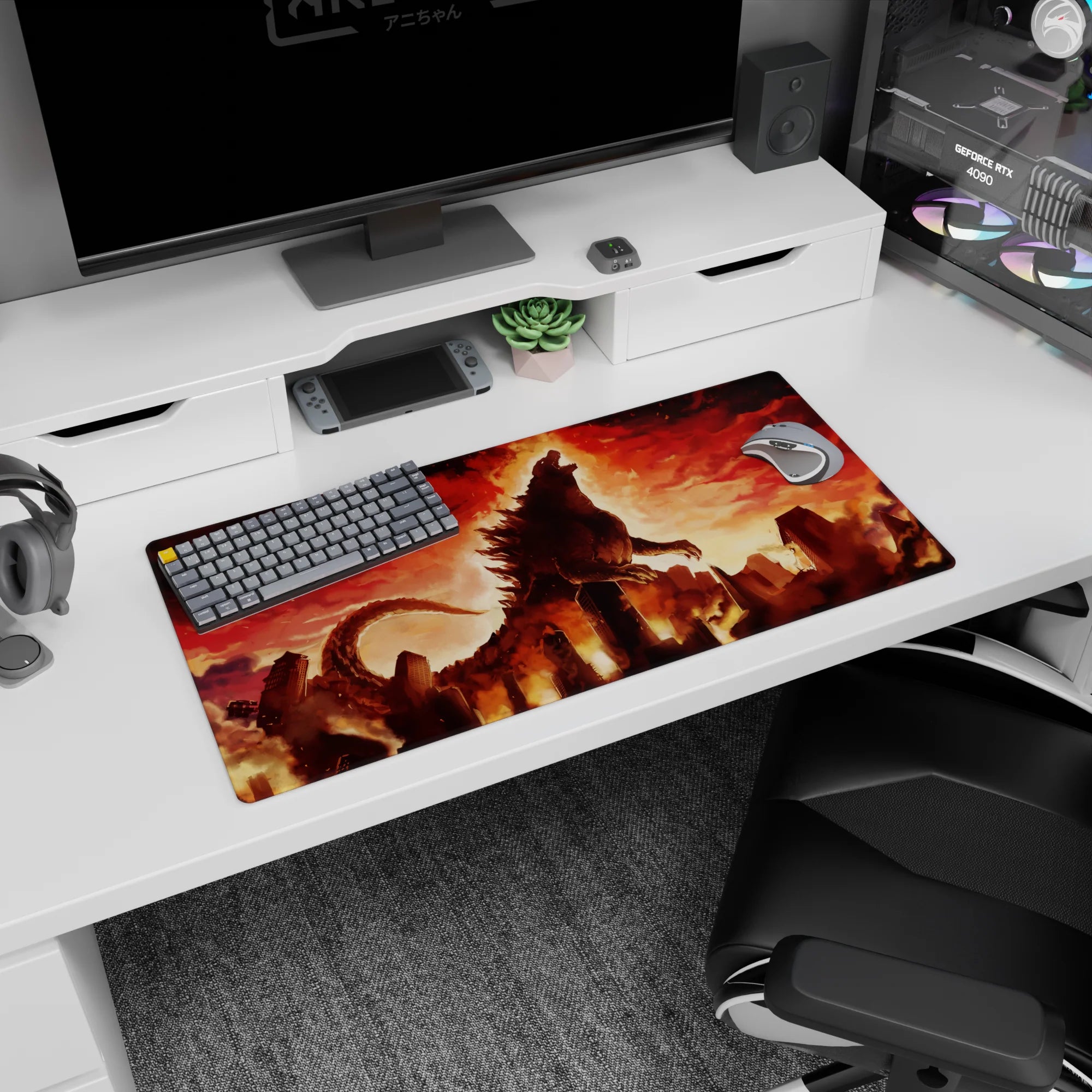 Giant kaiju with jagged spines and curling tail over burning city anime mouse pad, 32x16 inches.