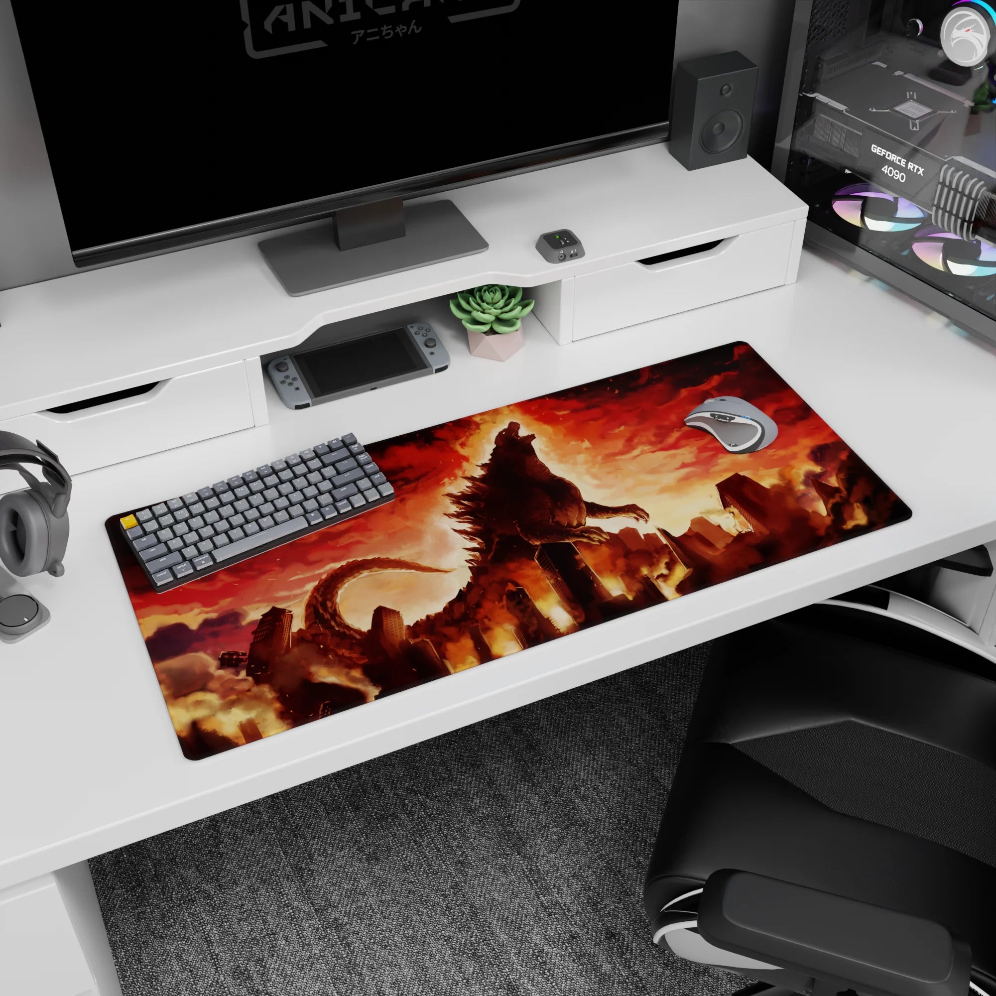 Towering kaiju with curling tail over shattered city anime desk pad 36x16 inches amid smoke and sparks.