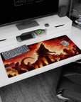 Towering kaiju with curling tail over shattered city anime desk pad 36x16 inches amid smoke and sparks.
