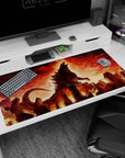 Anime desk pad 40x20 inches showing a towering spined kaiju, tail curled through smoke over ruins.