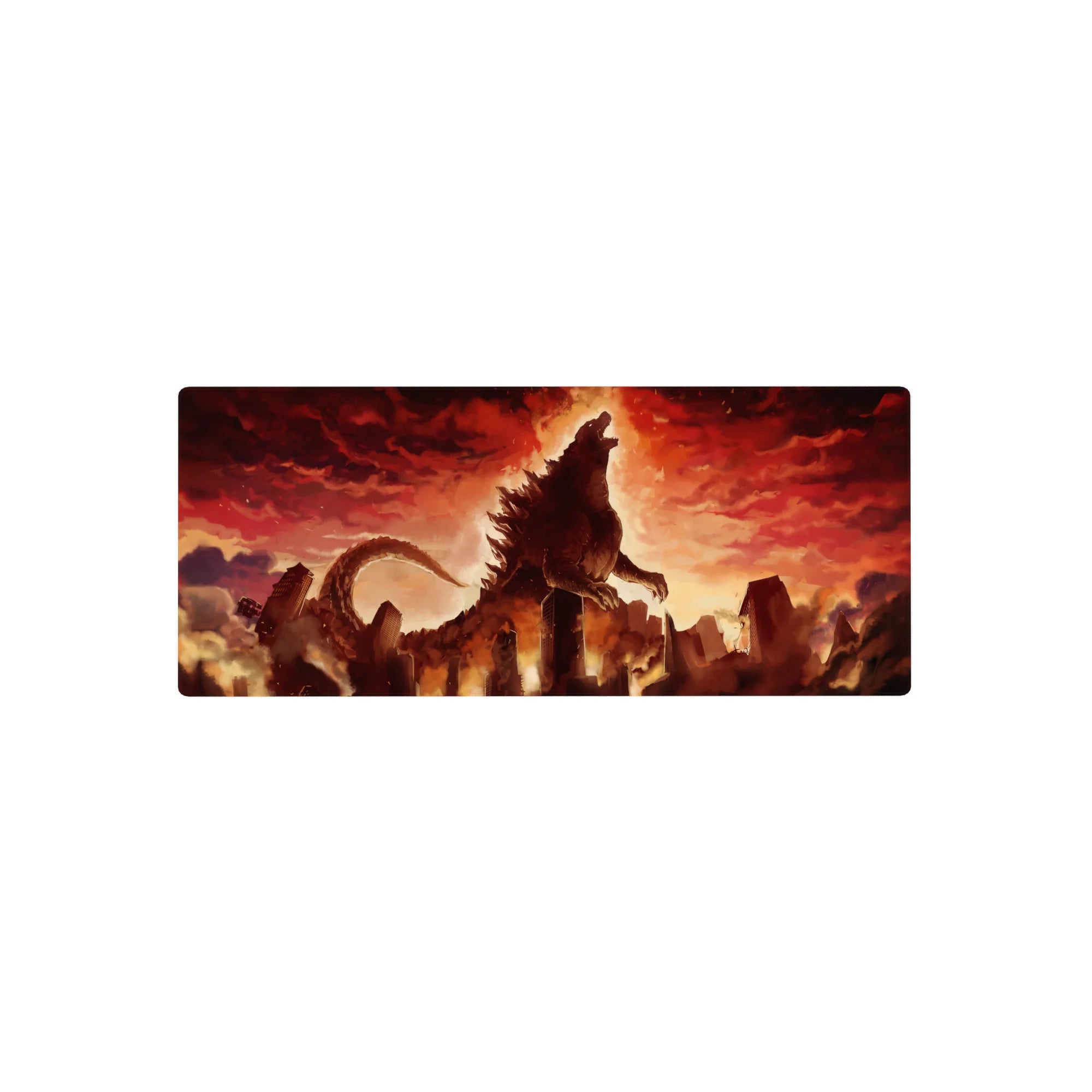 Anime kaiju city-destruction extended mouse pad 28x12 inches with jagged spines, smoke, and rubble.