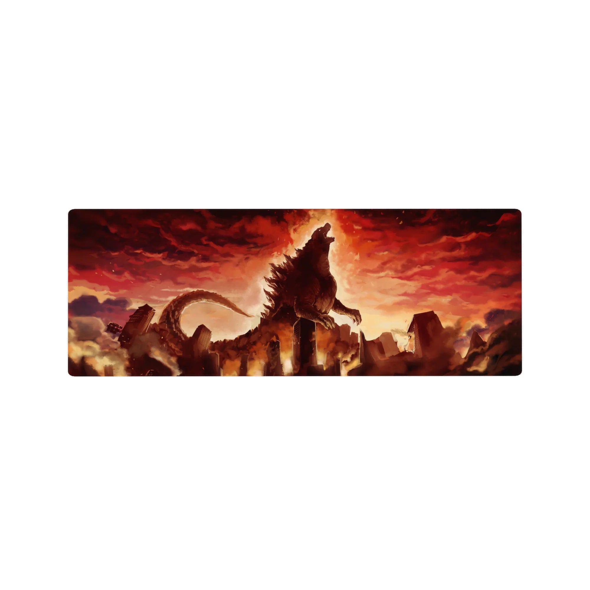 Kaiju anime mouse pad 32x12 inches with shattered skyline, jagged spines, smoke, and flying embers.