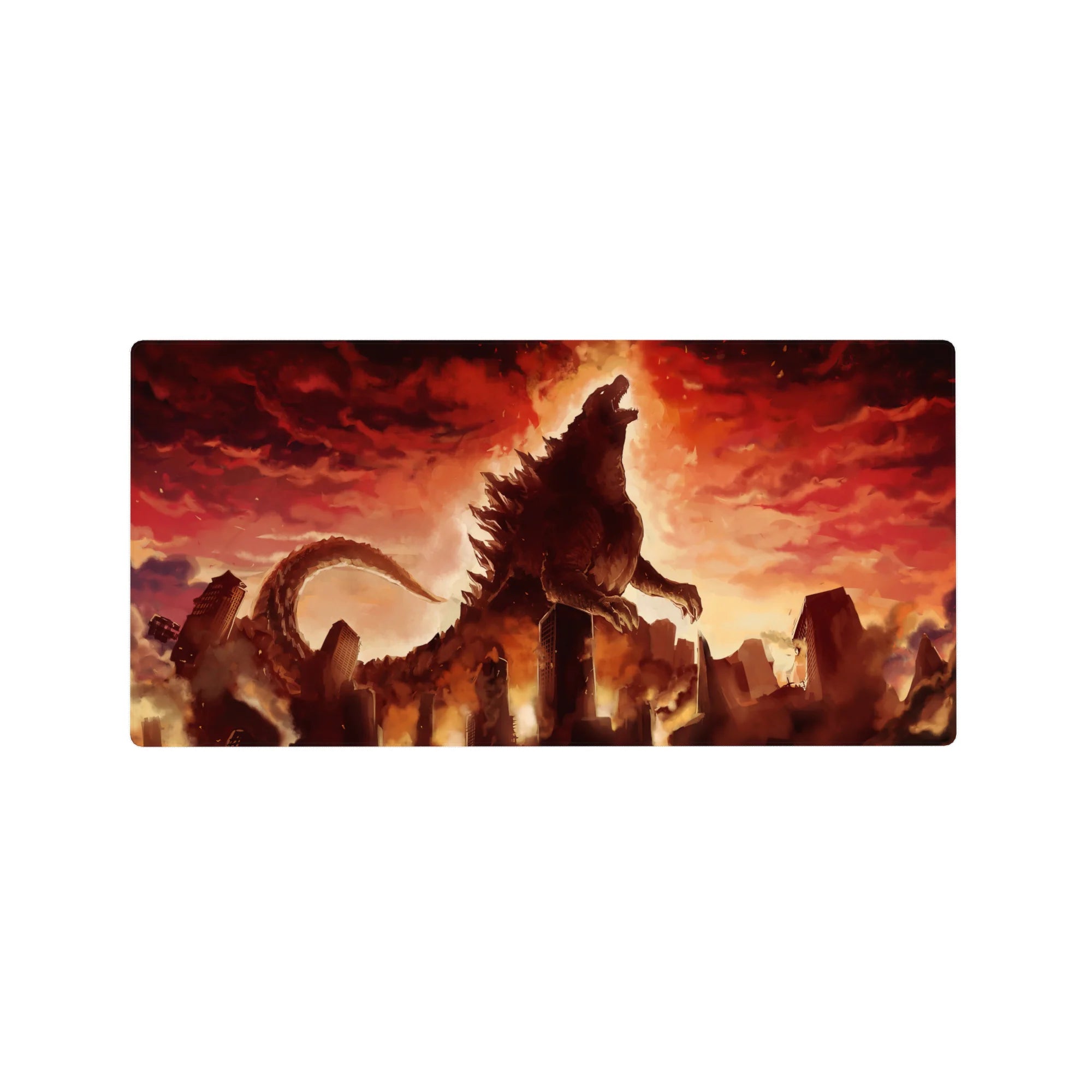 Anime kaiju skyline desk mat mouse pad, shattered city rubble art, 32x16 inches.