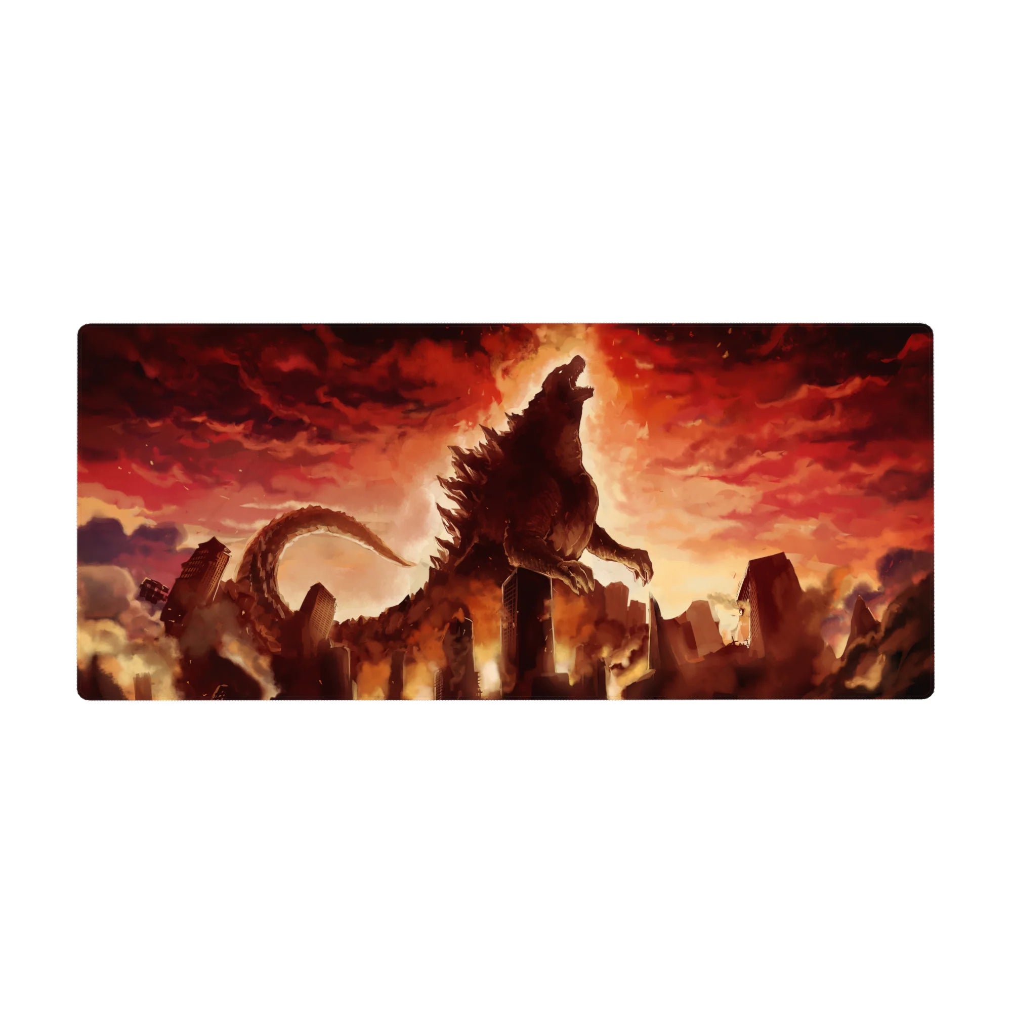 Anime kaiju city destruction desk pad 36x16 inches with jagged spines, smoke, and rubble skyline.
