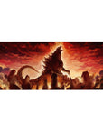 Anime kaiju city destruction desk pad 36x16 inches with jagged spines, smoke, and rubble skyline.