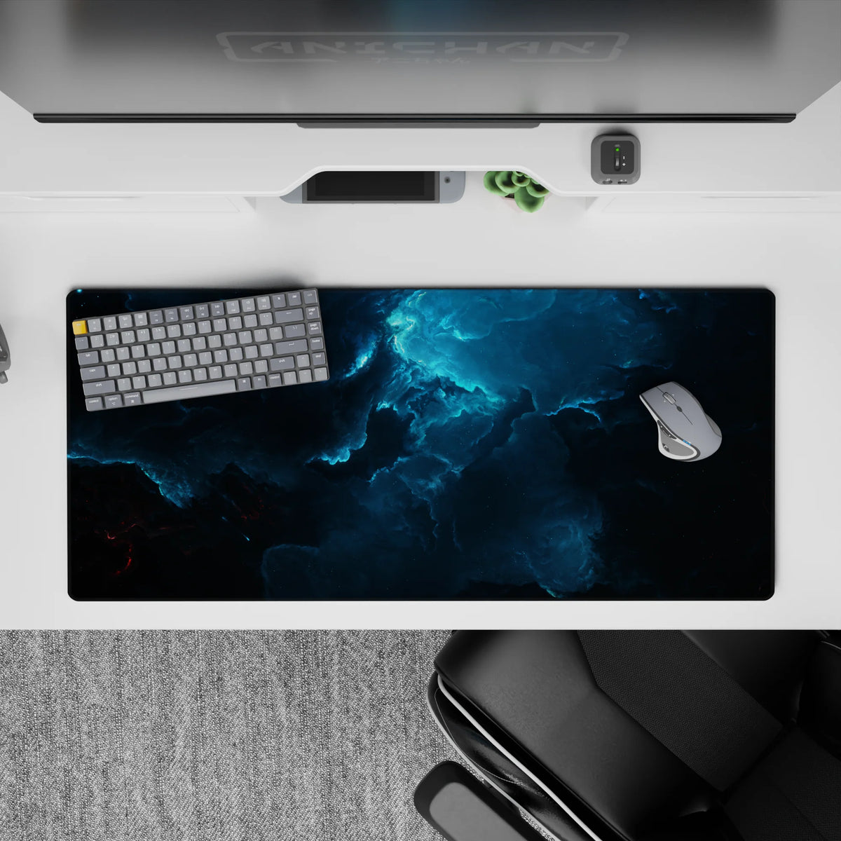 Moody ocean blues and smoky teals desk pad 36x16 inches with near-black shadows and calming drama.