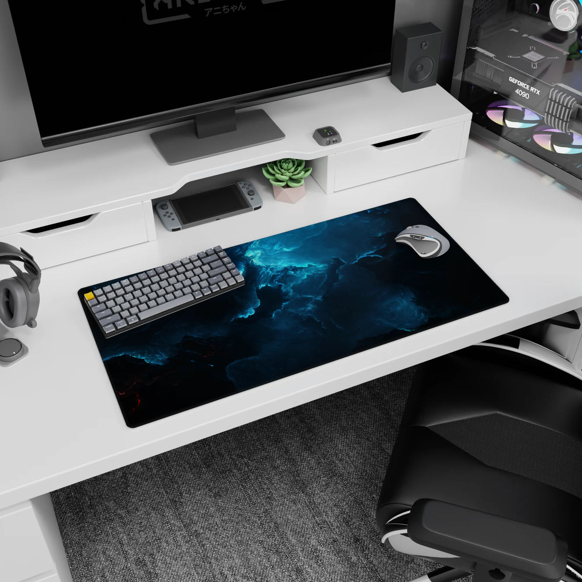 Midnight sky storm swirls with glowing cyan edging mouse pad, 32x16 inches, non-repeating pattern.