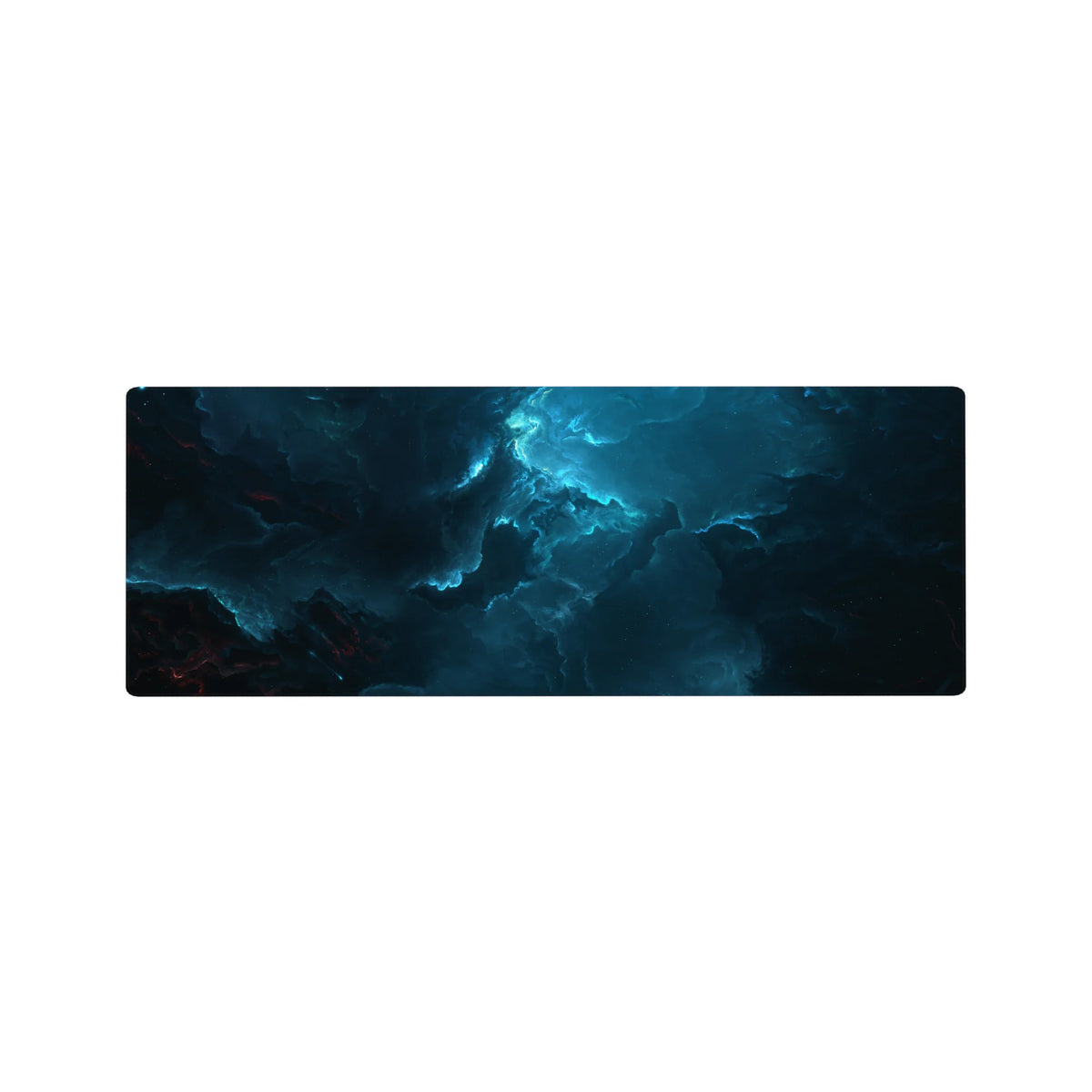 Moody storm-cloud swirl desk mouse pad, 32x12 inches, with glowing cyan edges and cosmic brush texture.