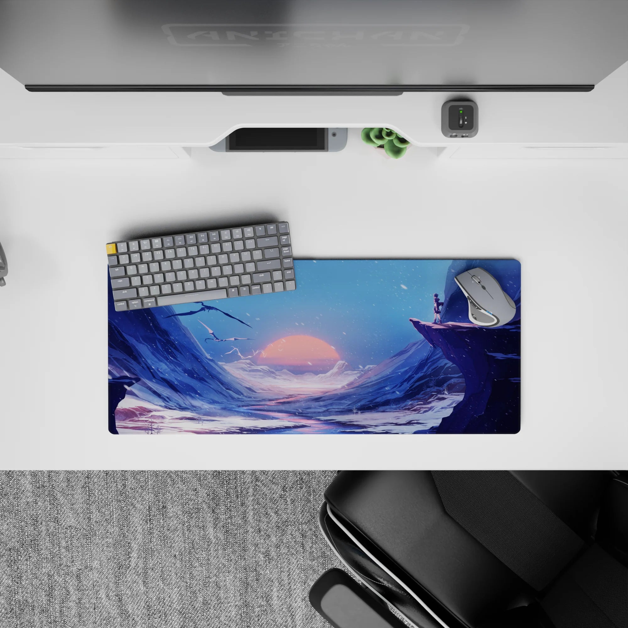 Anime mouse pad 28x12 inches in deep blues and icy purples with a calm, cinematic sunset glow.