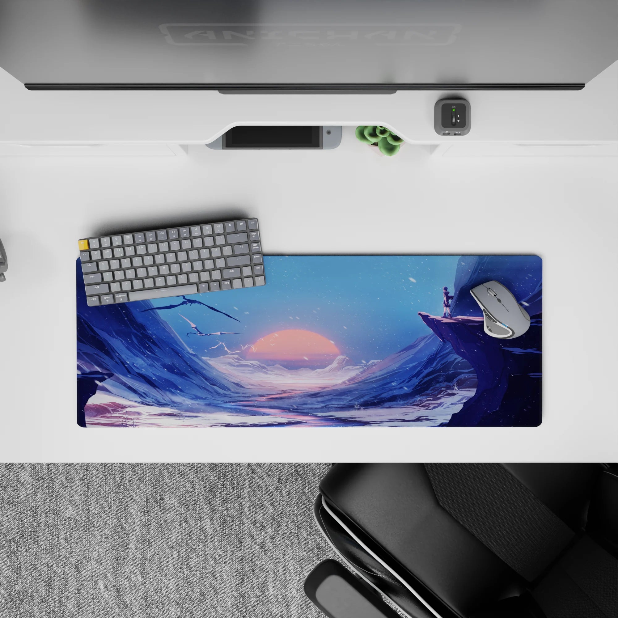 32x12 inches anime mouse pad in deep blues and icy purples, calm dramatic mood with soft sunset glow.