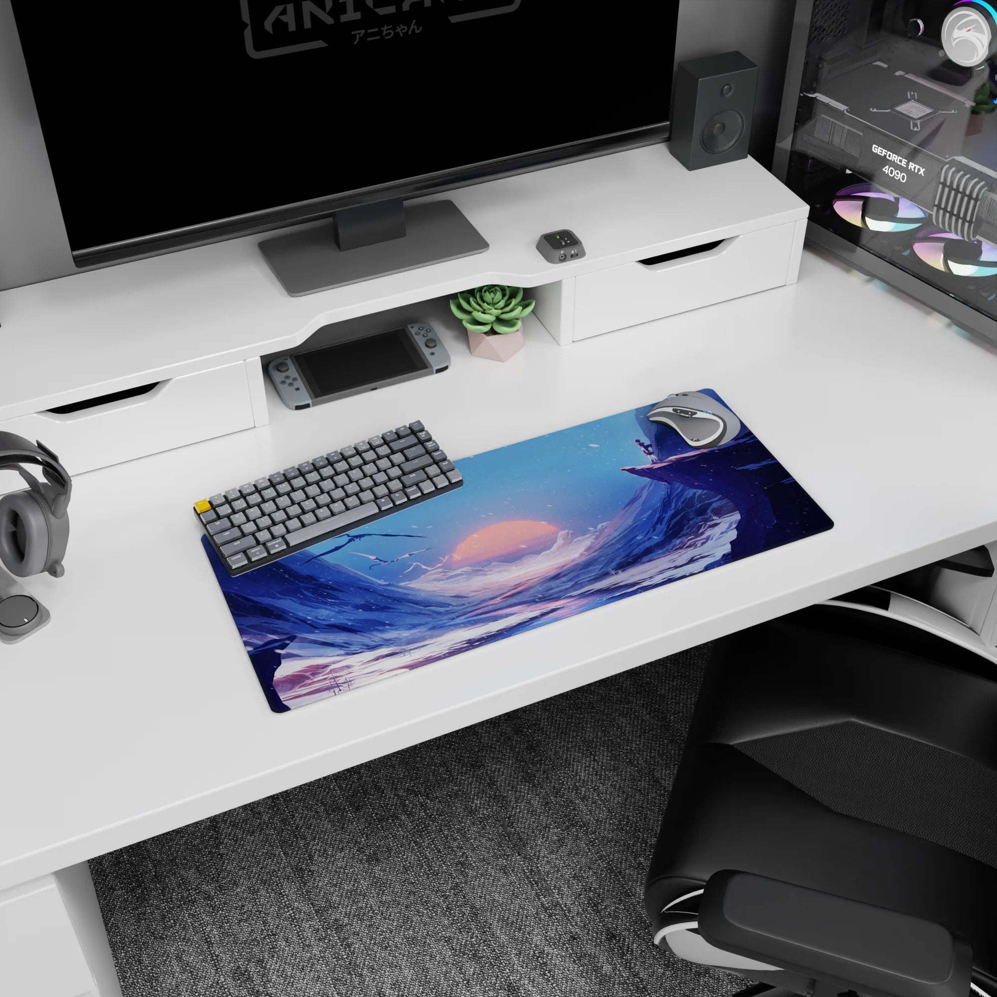 Anime mouse pad 28x12 inches showing a cloaked lone adventurer on a jagged snowy cliff at dusk.