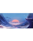 Anime desk pad 36x16 inches with lone adventurer on cliff, wide sky, river valley, coral sunset.