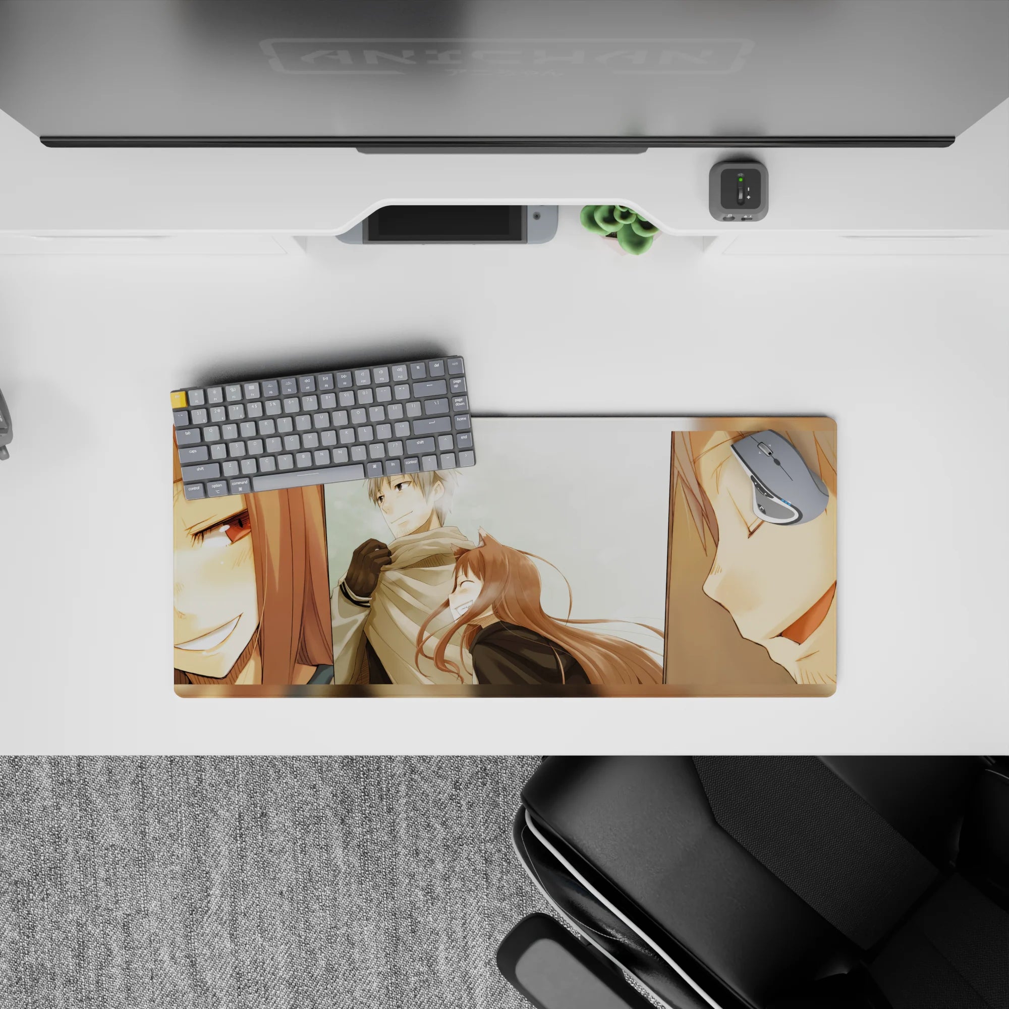 28x12 inches anime mouse pad in soft warm tones, cozy winter mood, gentle blush close-ups, clean backdrop.