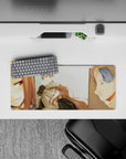 28x12 inches anime mouse pad in soft warm tones, cozy winter mood, gentle blush close-ups, clean backdrop.