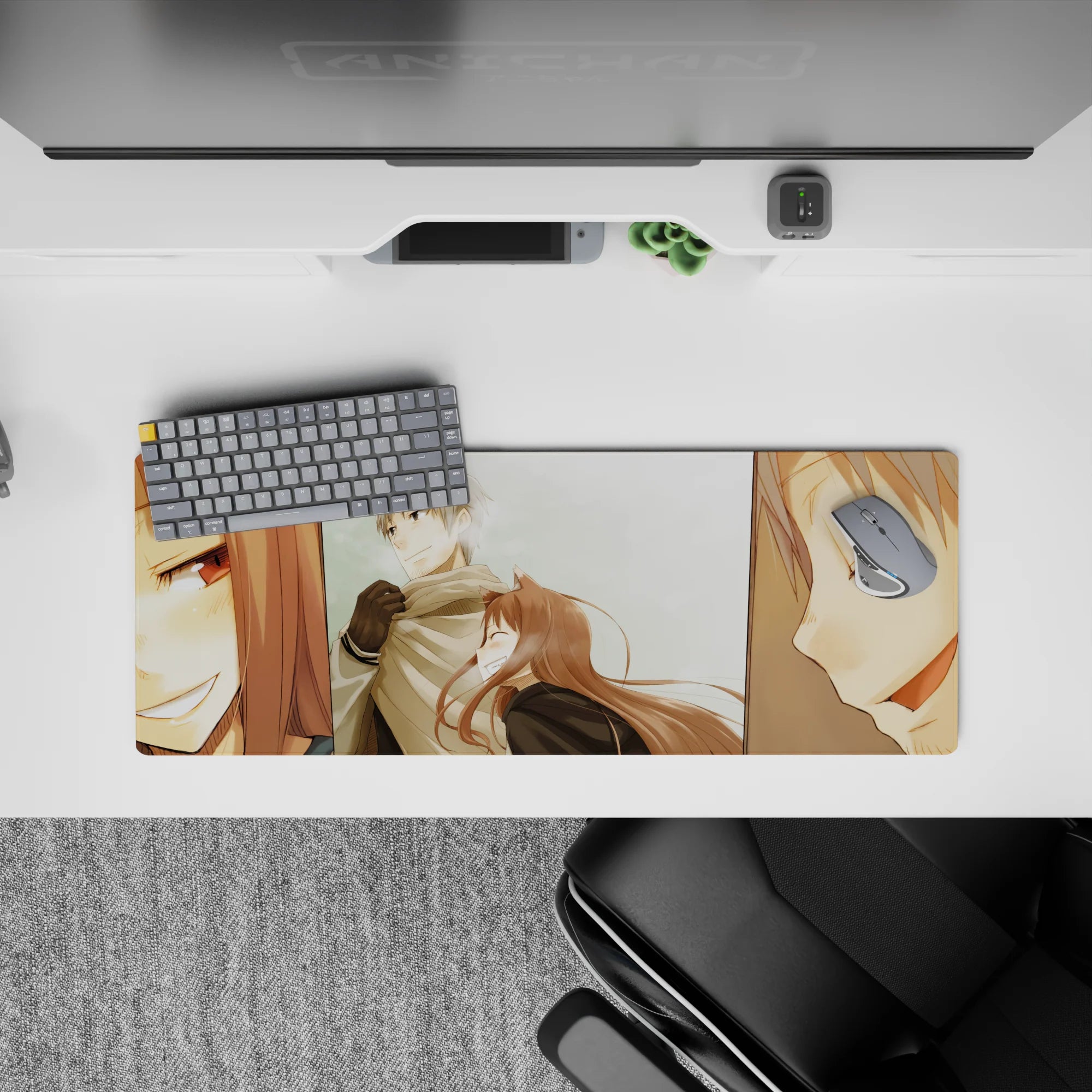32x12 inches anime mouse pad in soft warm tones, pale sky backdrop, cozy blushy winter vibe.