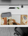 32x12 inches anime mouse pad in soft warm tones, pale sky backdrop, cozy blushy winter vibe.