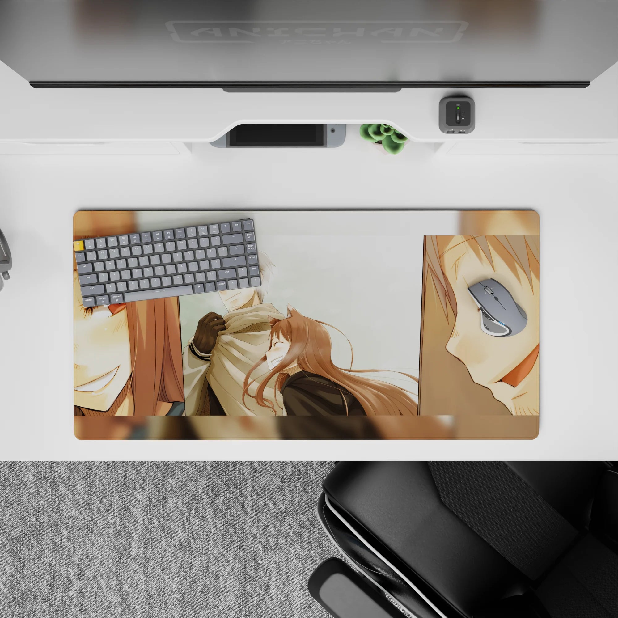 32x16 inches anime mouse pad in soft warm tones, gentle blush close-ups, clean pale sky backdrop.