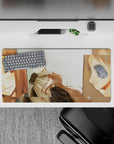 32x16 inches anime mouse pad in soft warm tones, gentle blush close-ups, clean pale sky backdrop.