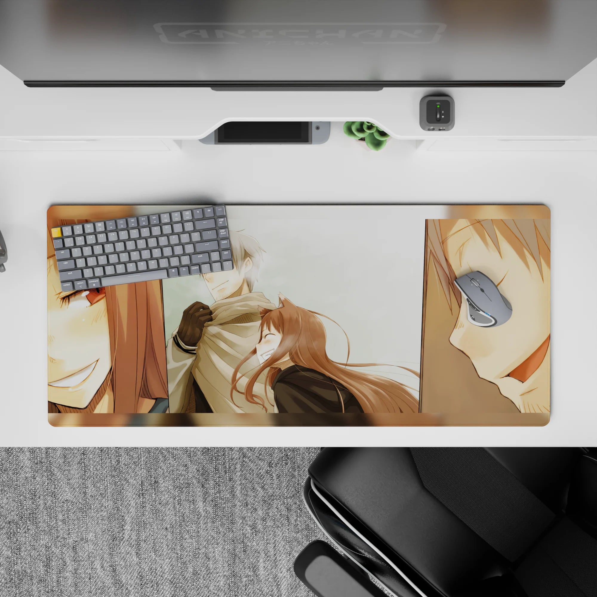 36x16 inches anime desk pad in soft warm tones, cozy winter blush mood on a pale sky background.