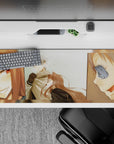 36x16 inches anime desk pad in soft warm tones, cozy winter blush mood on a pale sky background.