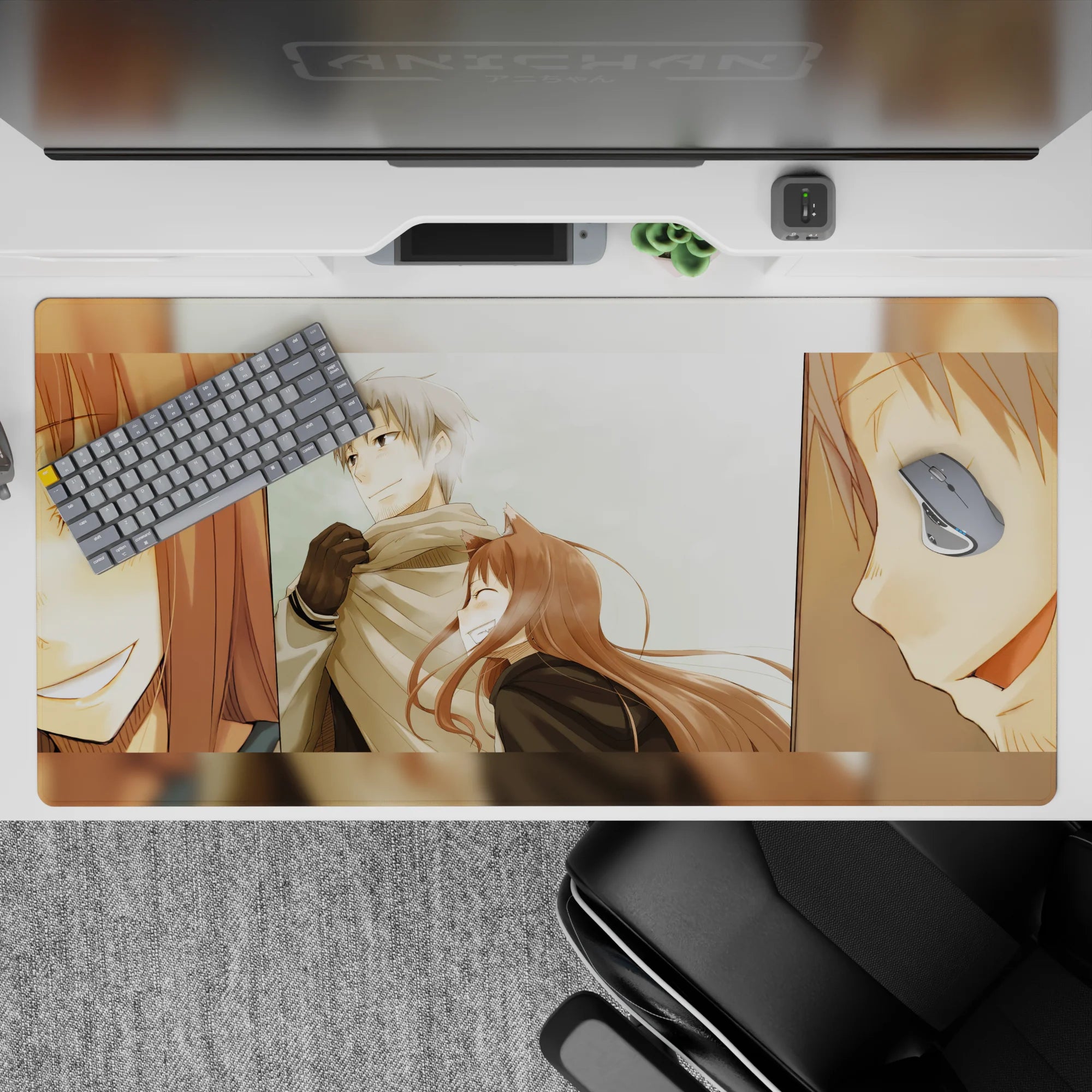 40x20 inches anime mouse pad in soft warm tones, pale sky backdrop, gentle blush and peaceful mood.