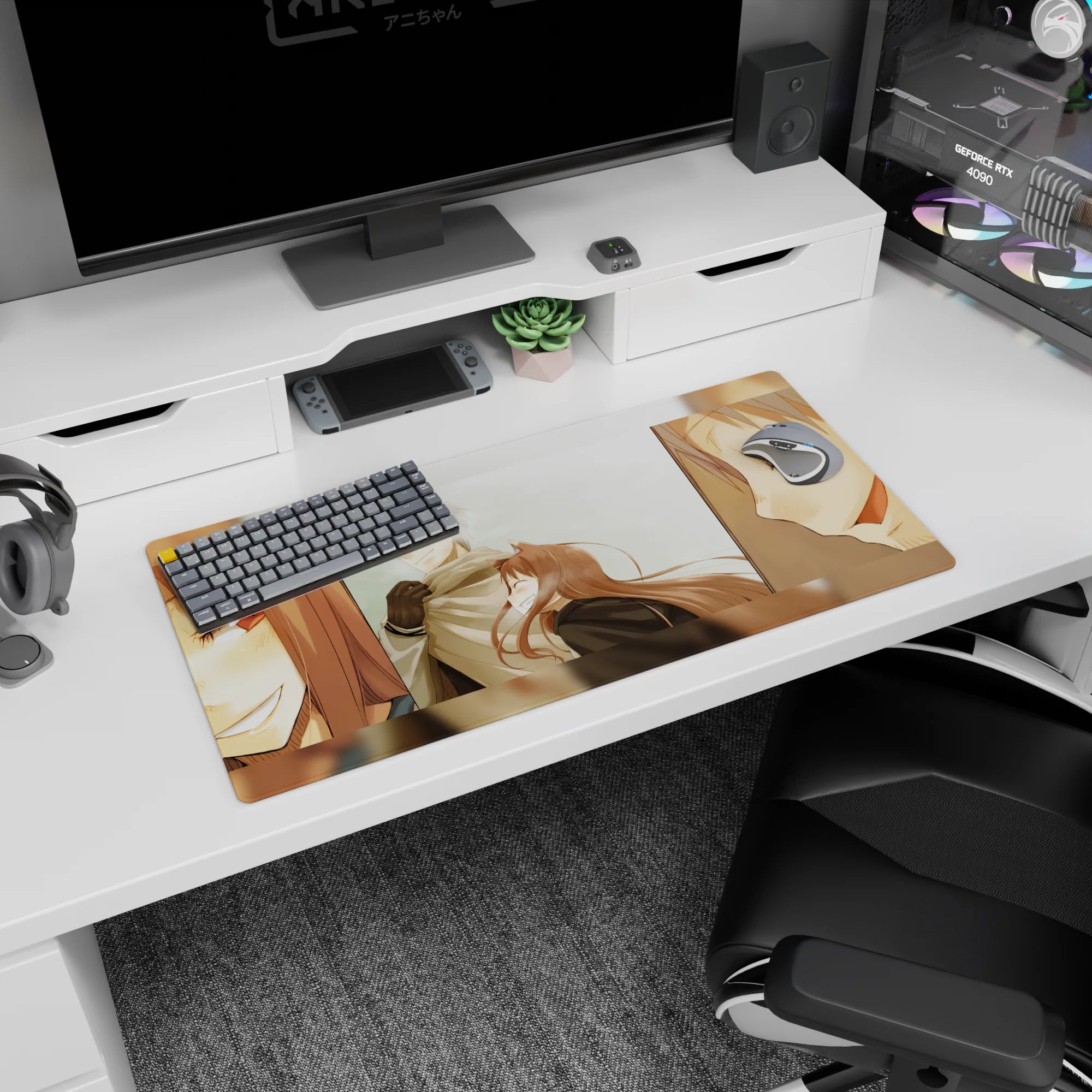 32x16 inches anime mouse pad showing scarfed silver-haired boy as fox-eared girl hugs and laughs.
