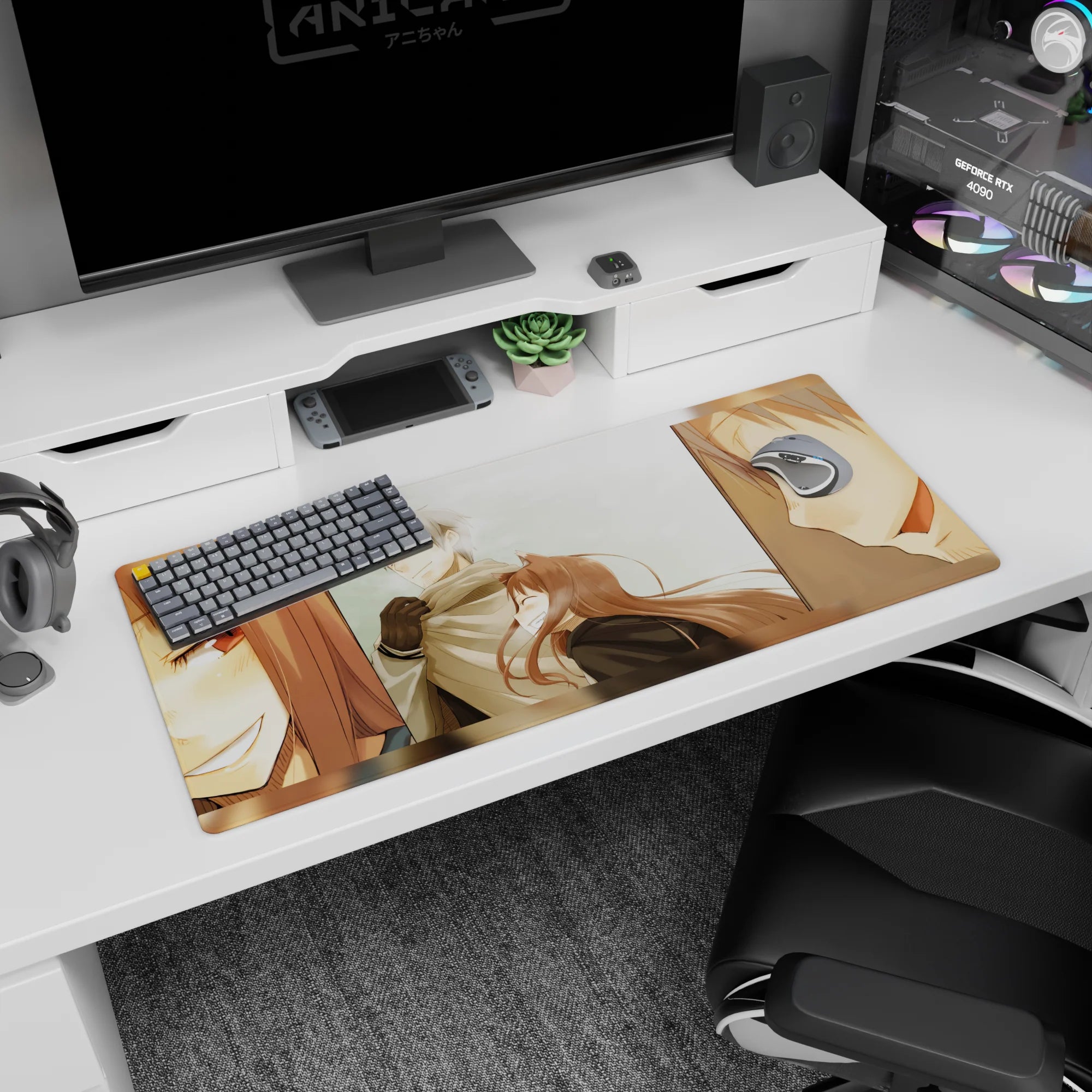 36x16 inches anime desk pad showing fox-eared girl laughing into a scarfed silver-haired boy in gloves.