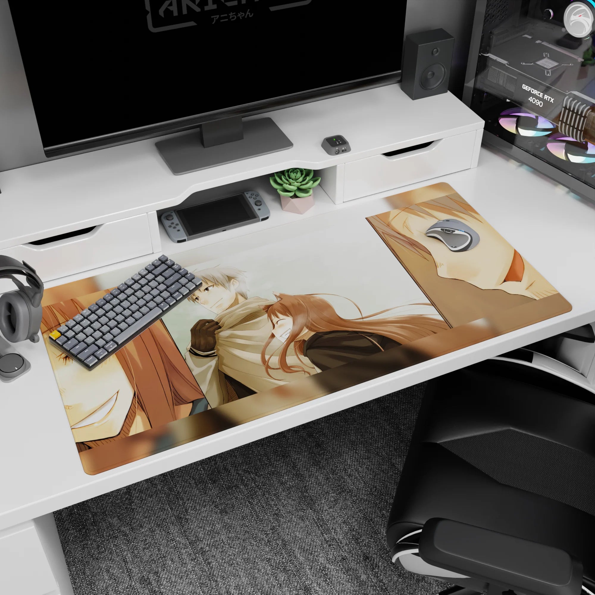 40x20 inches desk pad showing fox-eared girl laughing into scarfed silver-haired guy, close-up smile panels.