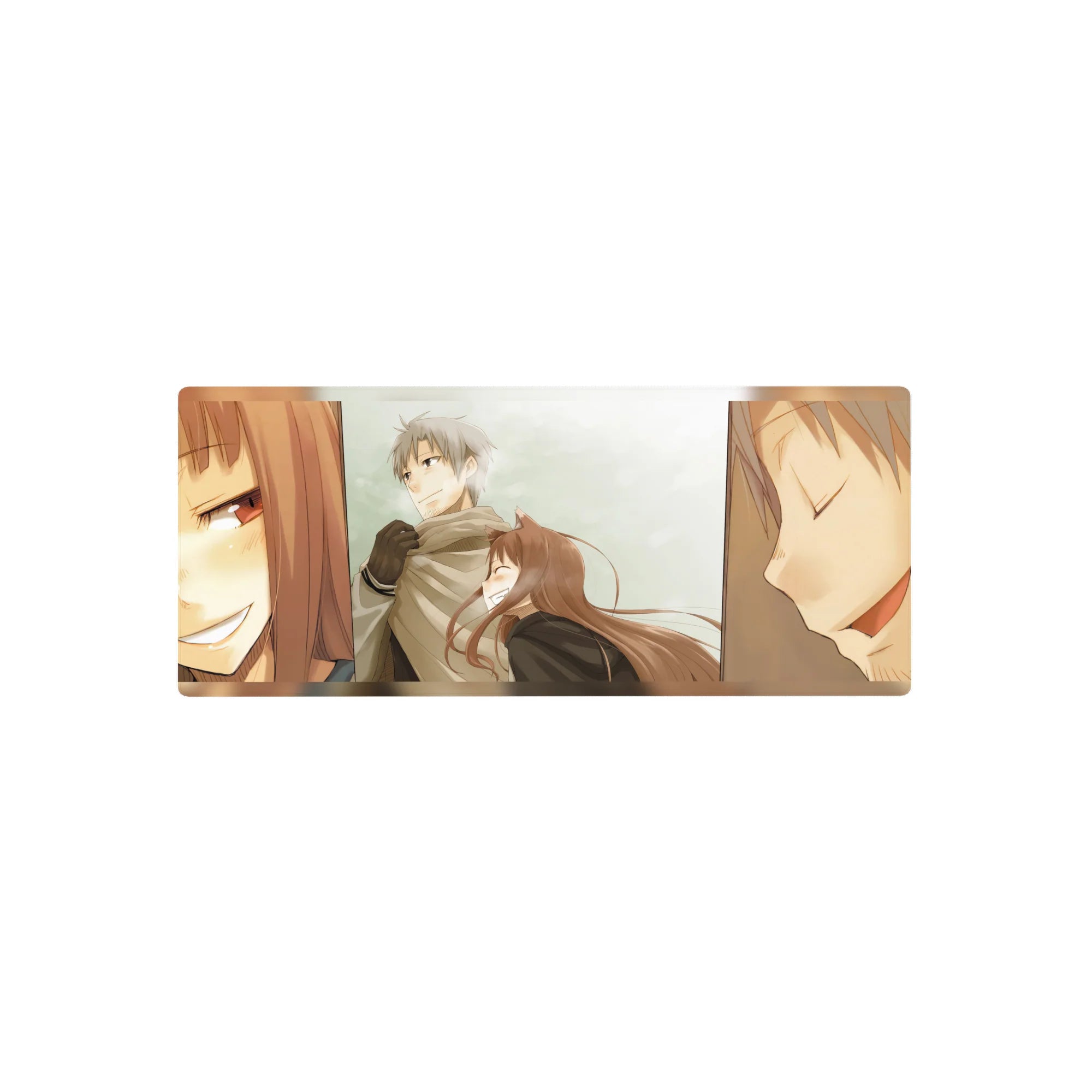 28x12 inches anime mouse pad with winter couple panels, silver-haired guy and fox-eared girl, pale sky.