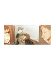 28x12 inches anime mouse pad with winter couple panels, silver-haired guy and fox-eared girl, pale sky.