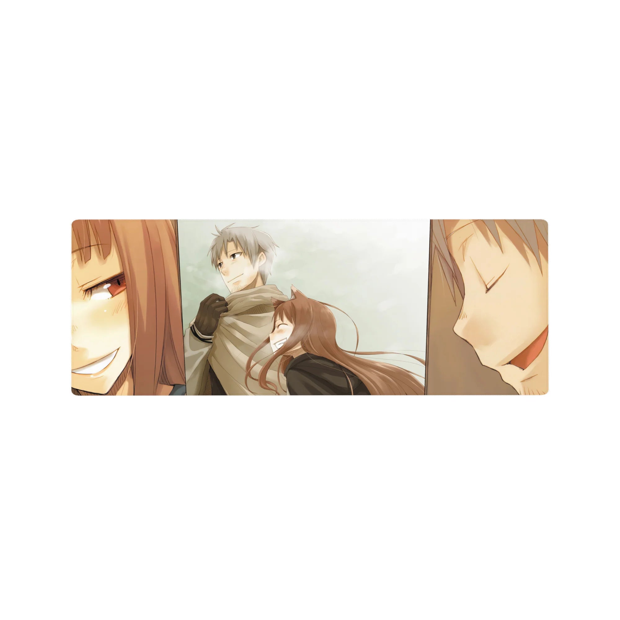 32x12 inches anime mouse pad with winter couple scene, silver-haired guy and fox-eared girl panels.