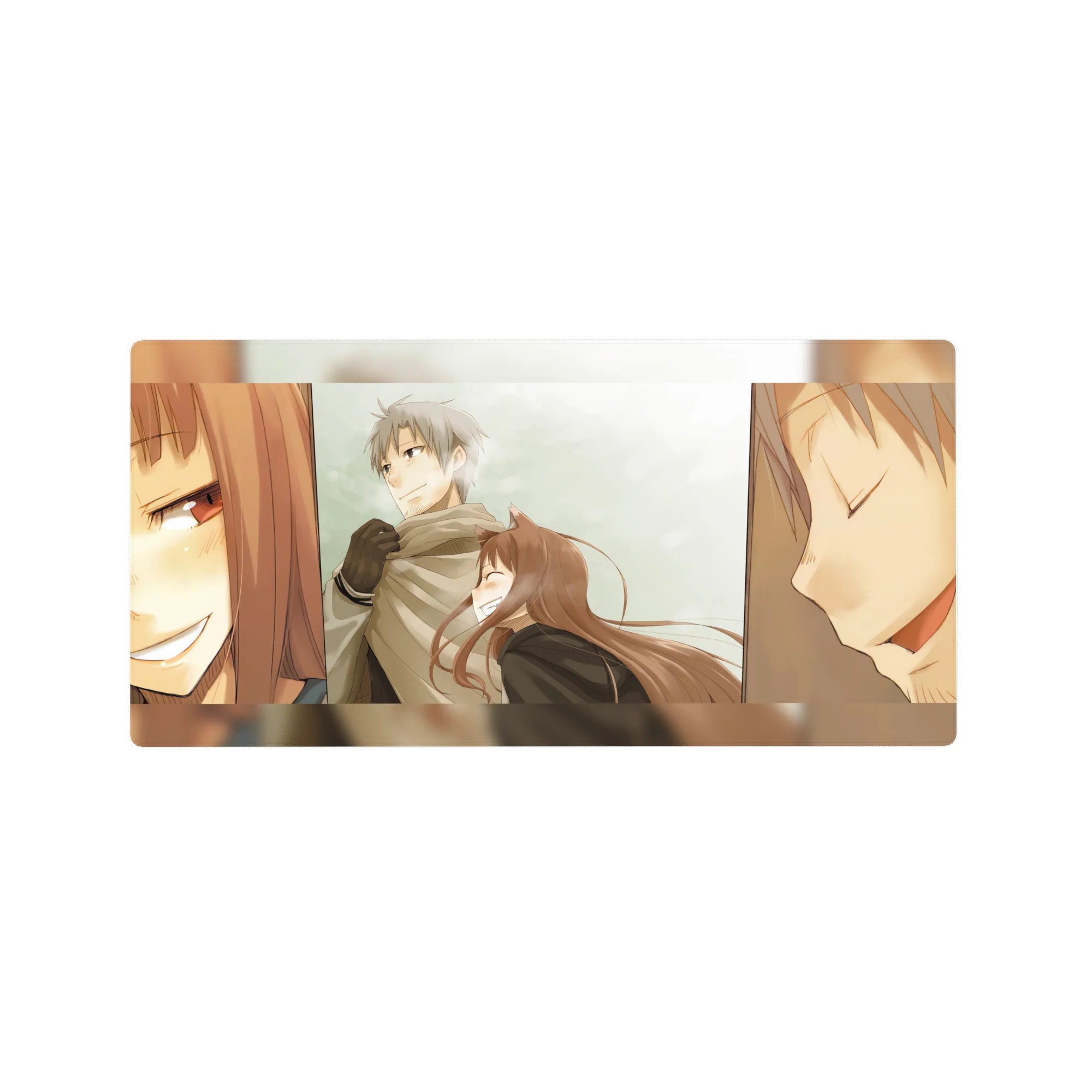 32x16 inches anime mouse pad with silver-haired guy and fox-eared girl in cozy winter panels.