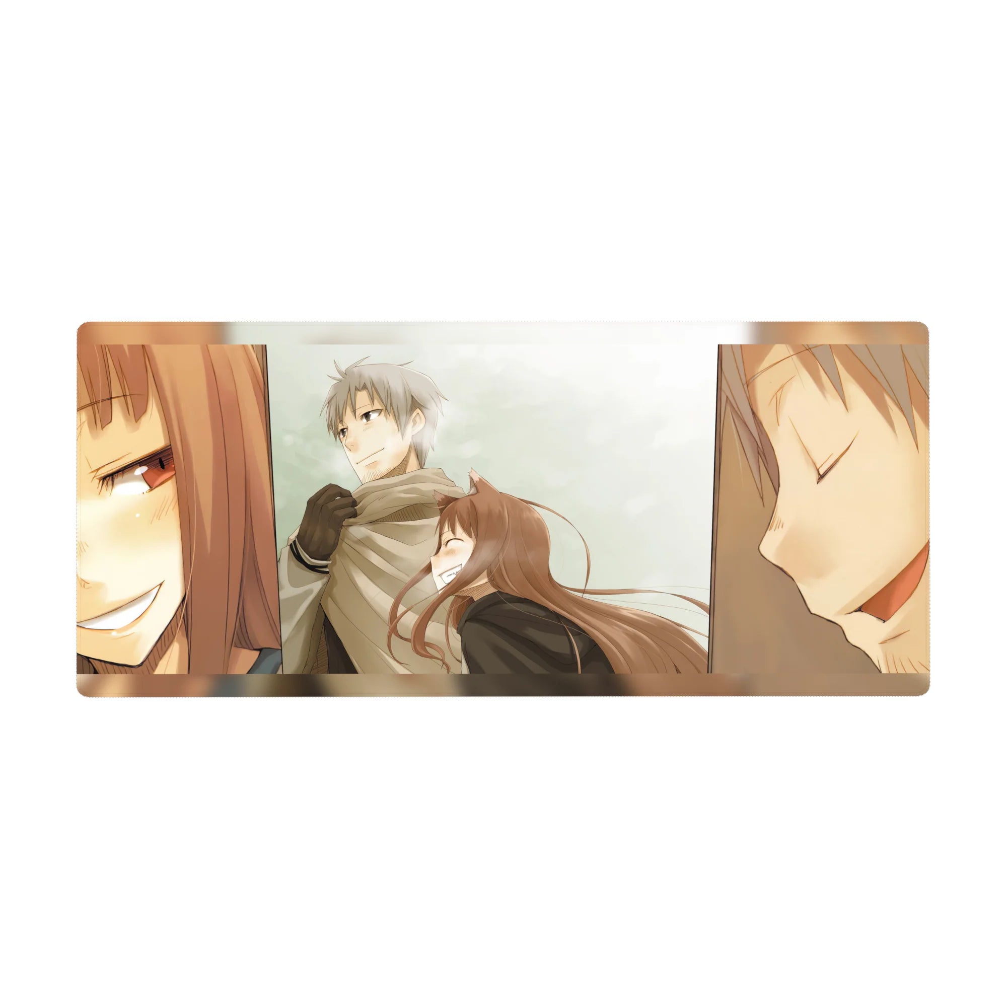 36x16 inches anime desk pad with winter couple, silver-haired guy and fox-eared girl, manga panels.