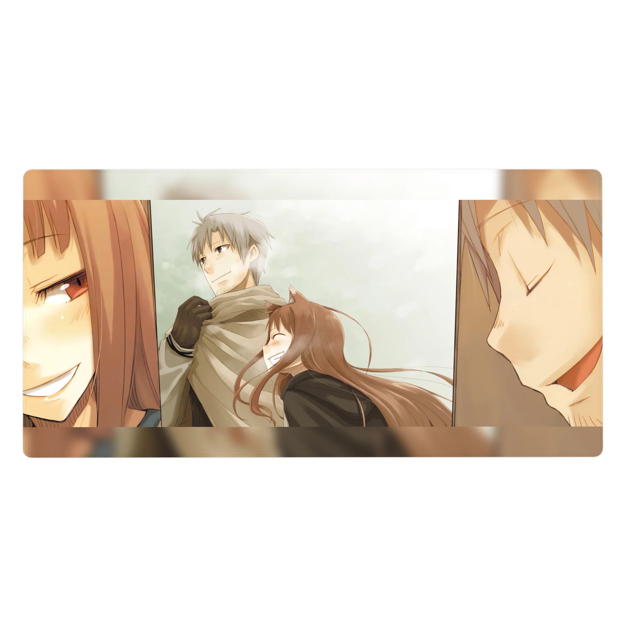 40x20 inches anime desk pad with silver-haired boy and fox-eared girl in cozy winter storybook style.