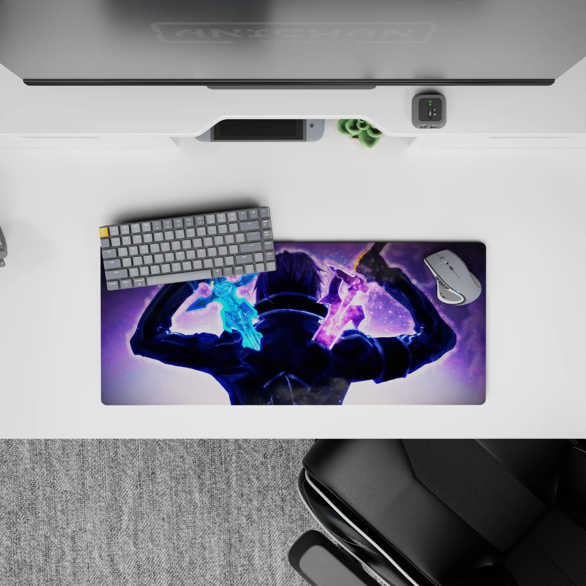 Sword Art Online mouse pad featuring Kirito in a dual-wielding showdown, size 28x12 inches, vibrant anime art.