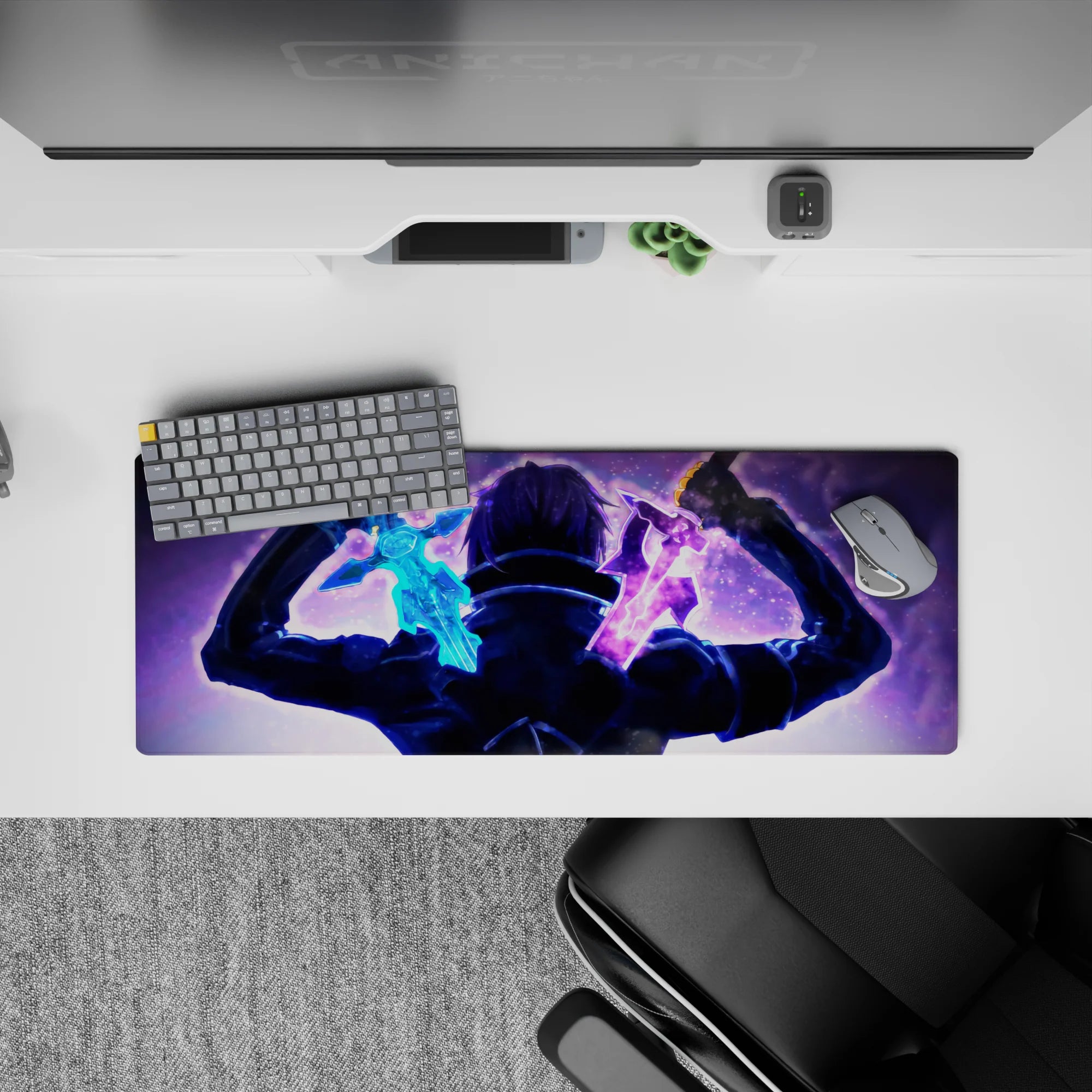Sword Art Online mouse pad 32x12 inches featuring Kirito in a dual-wielding showdown with blue and violet swords.