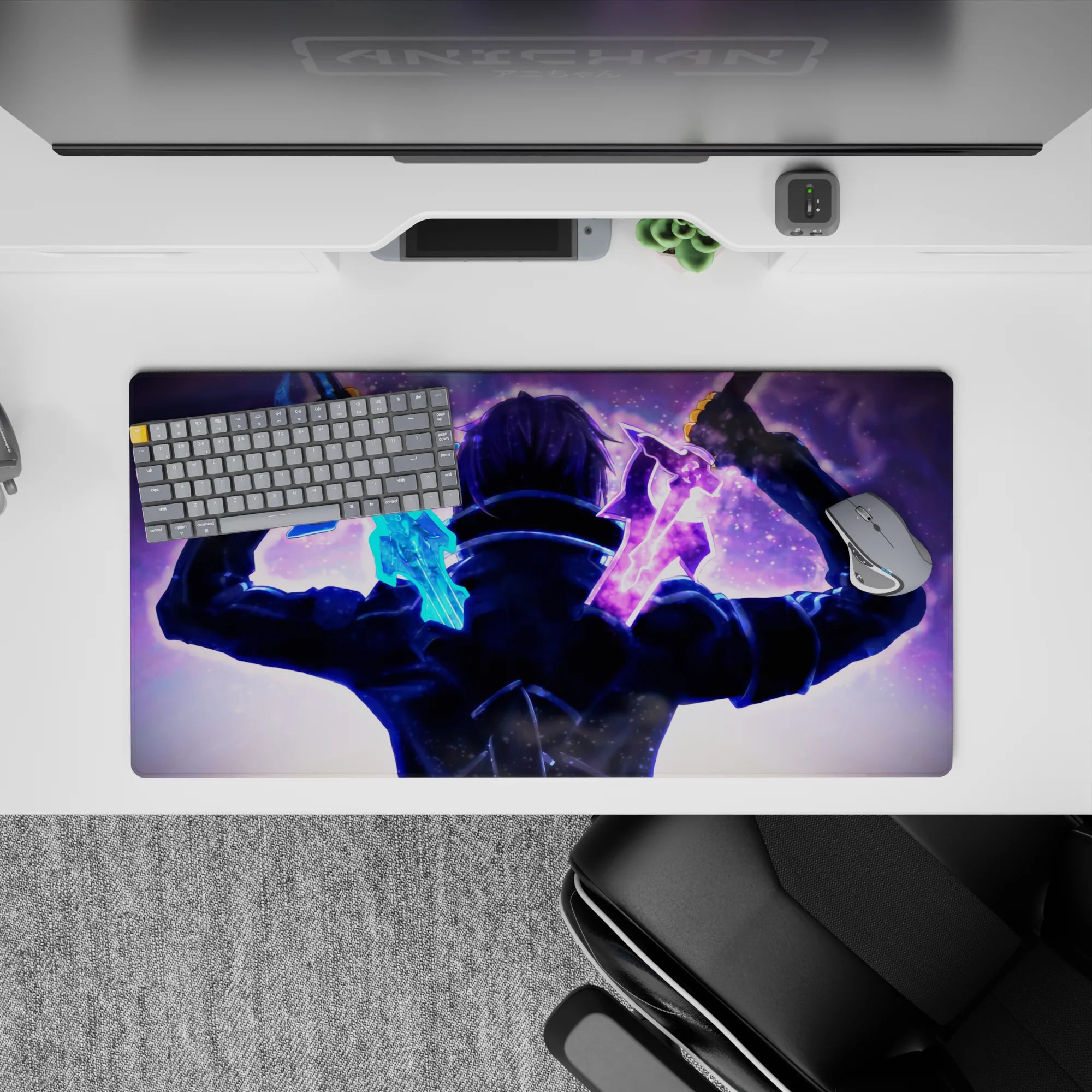 Sword Art Online anime mouse pad featuring Kirito's dual-wielding moment, size 32x16 inches.