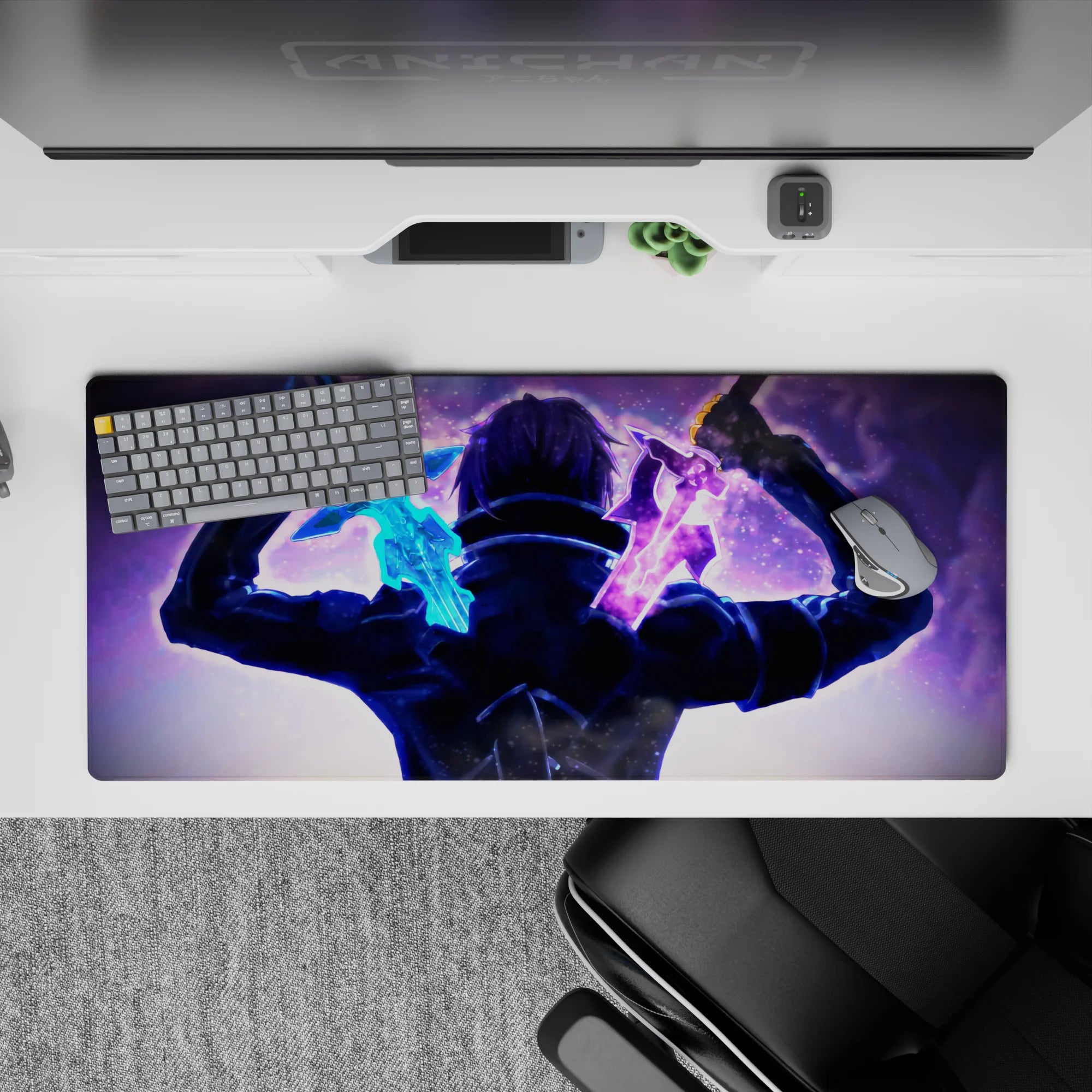 Anime desk pad 36x16 inches featuring Kirito from Sword Art Online in epic dual-wielding pose with vibrant colors.