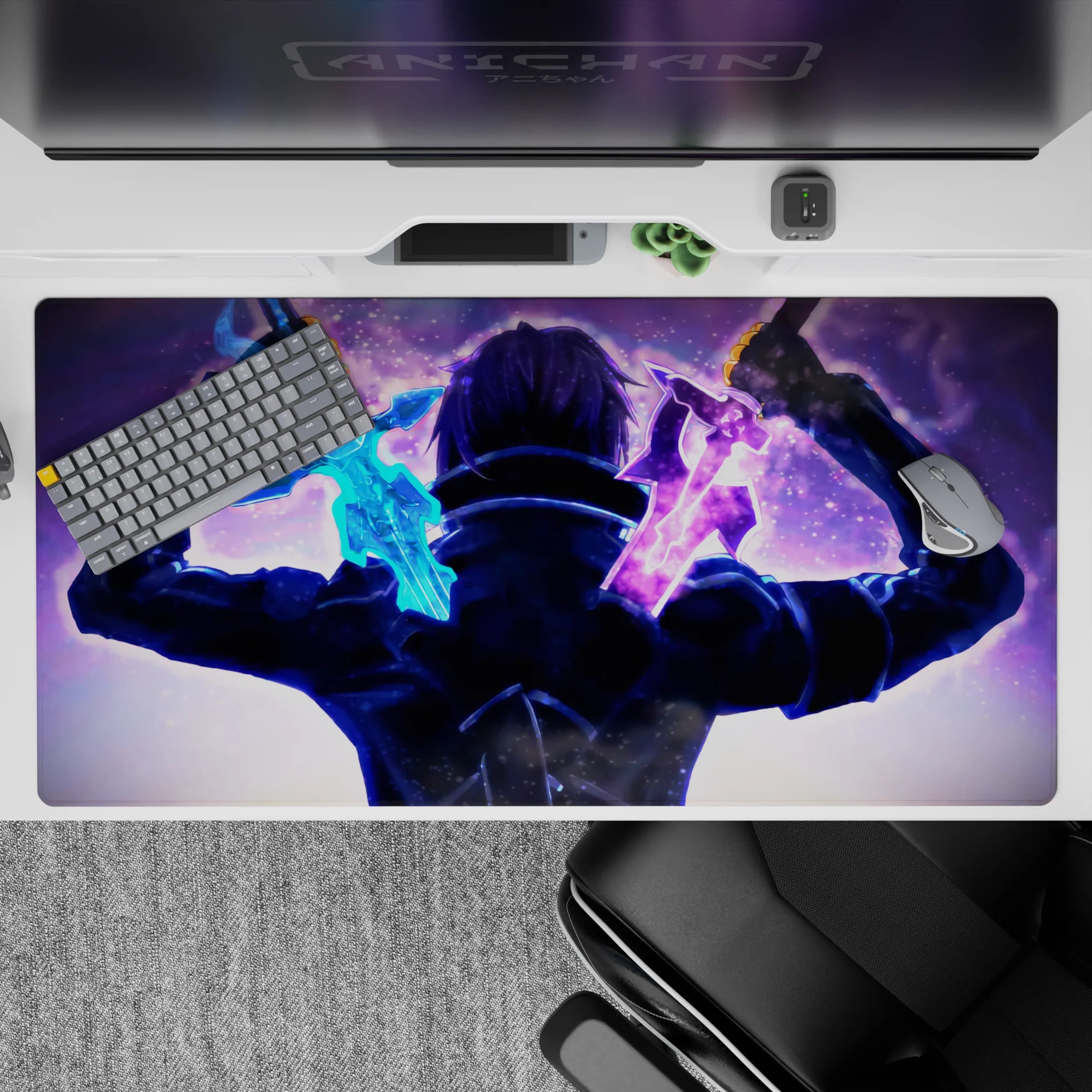 Sword Art Online anime mouse pad, 40x20 inches, featuring Kirito in a dynamic dual-wielding showdown with vibrant colors.